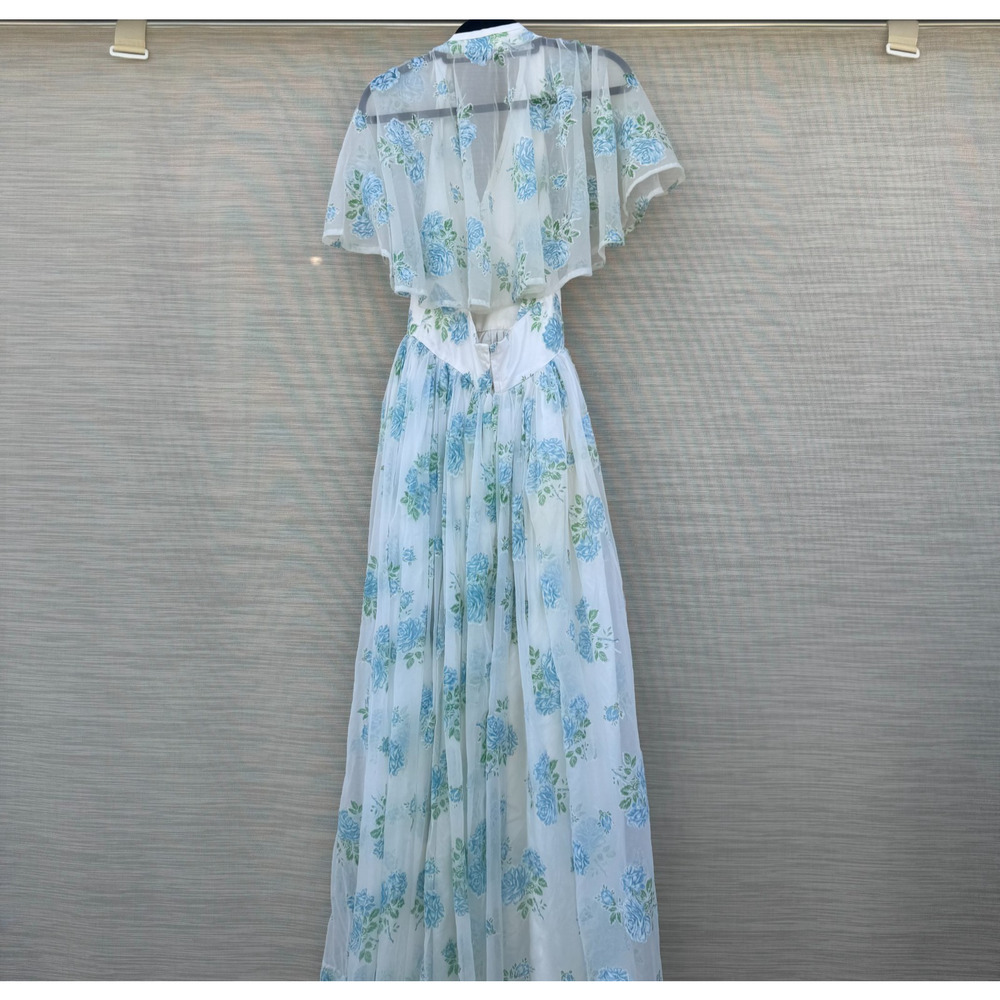 Vintage Floral Halter Maxi Dress with Sheer Cape Romantic Satin Gown Low Back XS - Picture 7 of 10